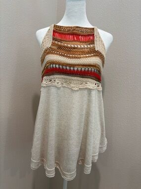 Free People Crochet Yoke Cream Tank Top with Red & Brown Accent